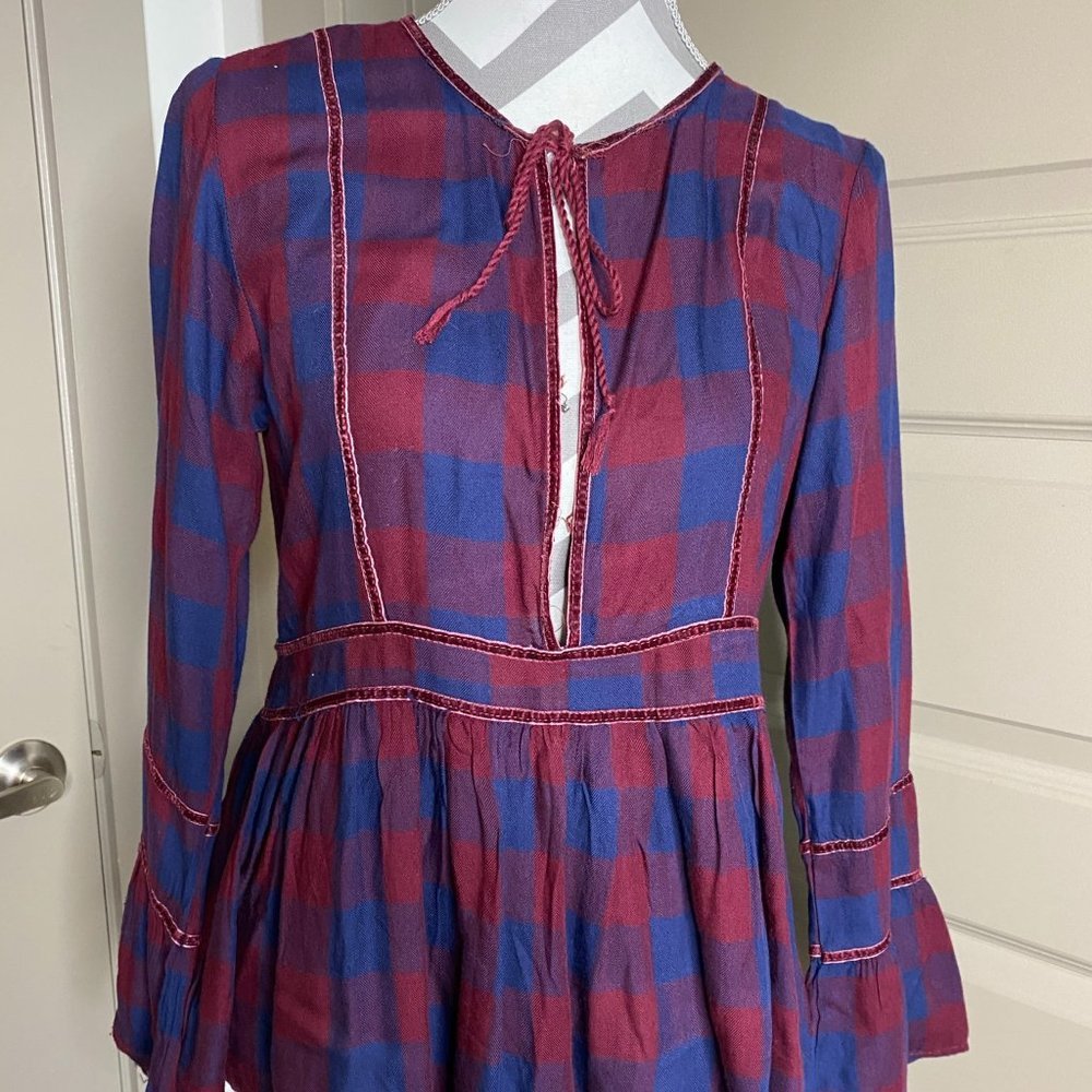 Purple & Blue peplum style checkered print blouse